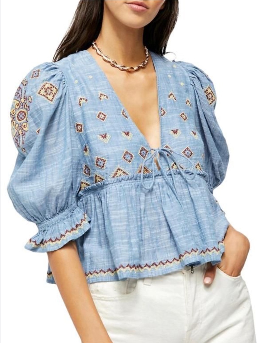 Free People Tallulah Blue Embroidered blouse XS